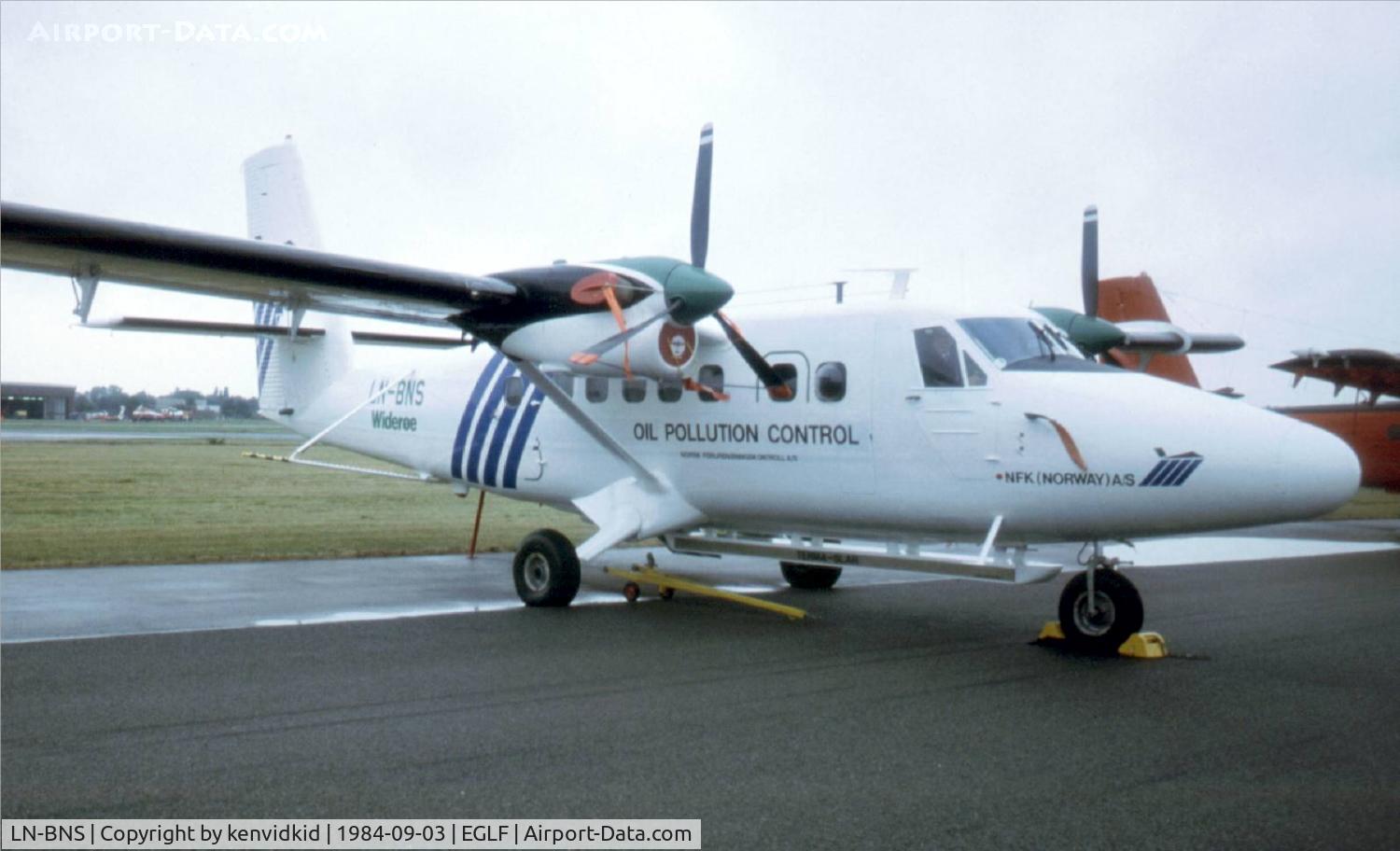 LN-BNS, 1977 De Havilland Canada DHC-6-300 Twin Otter C/N 536, At the 1984 Farnborough International Air Show. Scanned from slide.