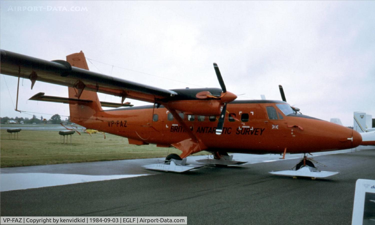 VP-FAZ, 1981 De Havilland Canada DHC-6-300 Twin Otter C/N 748, At the 1984 Farnborough International Air Show. Scanned from slide.