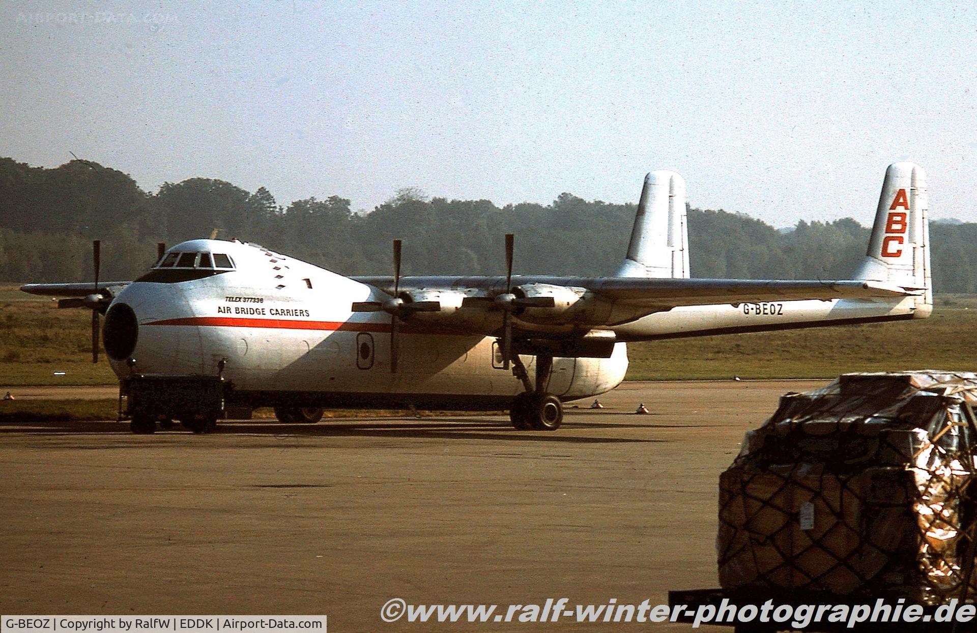 G-BEOZ, 1960 Armstrong Whitworth AW650 Argosy 101 C/N 6660, Armstrong Whitworth AW 650-101 Argosy - Air Bridge Carriers - G-BEOZ - 1977 - CGN, from a slide