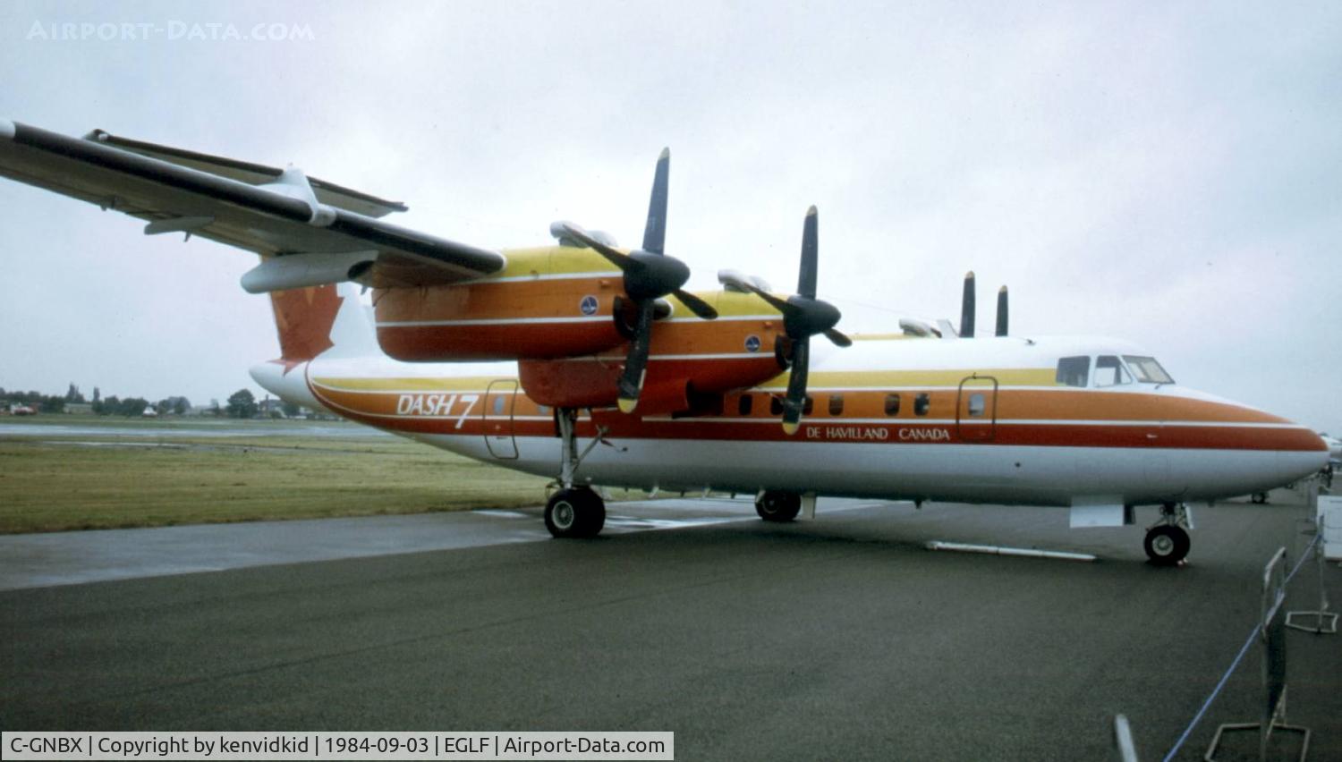 C-GNBX, 1975 De Havilland Canada DHC-7-100 Dash 7 C/N 0001, At the 1984 Farnborough International Air Show. Scanned from slide.