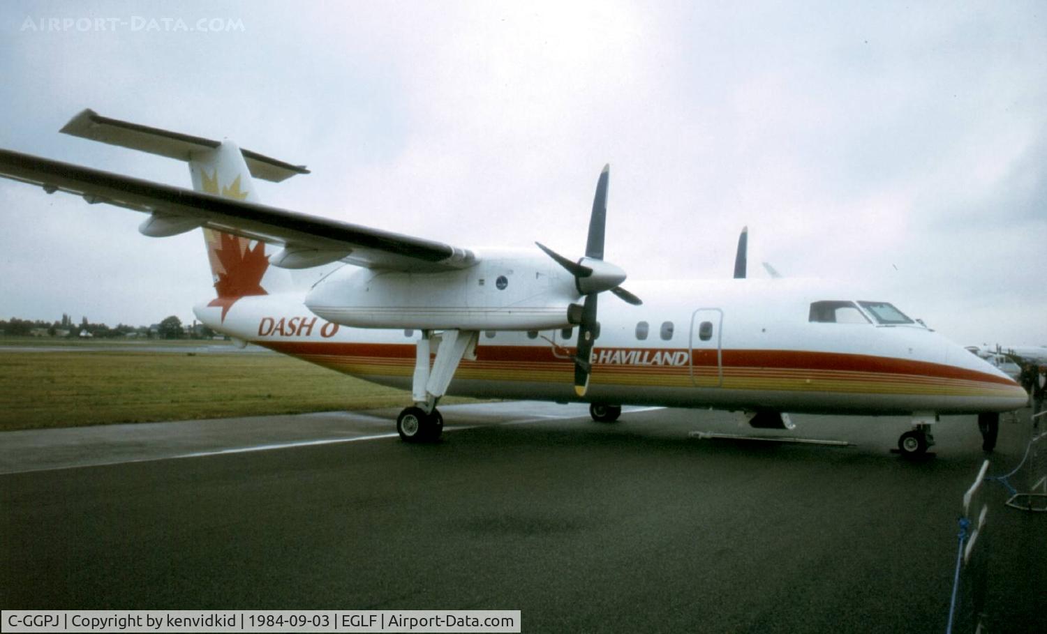 C-GGPJ, 1983 De Havilland Canada DHC-8-102 Dash 8 C/N 004, At the 1984 Farnborough International Air Show. Scanned from slide.