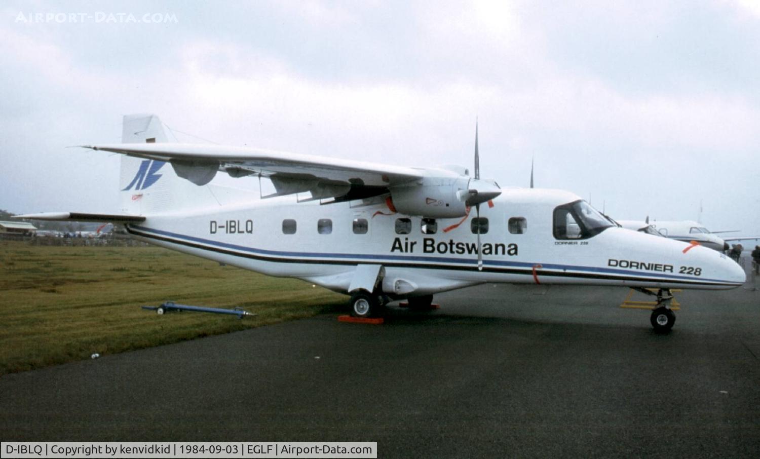 D-IBLQ, 1984 Dornier 228-100 C/N 7036, At the 1984 Farnborough International Air Show. Scanned from slide.