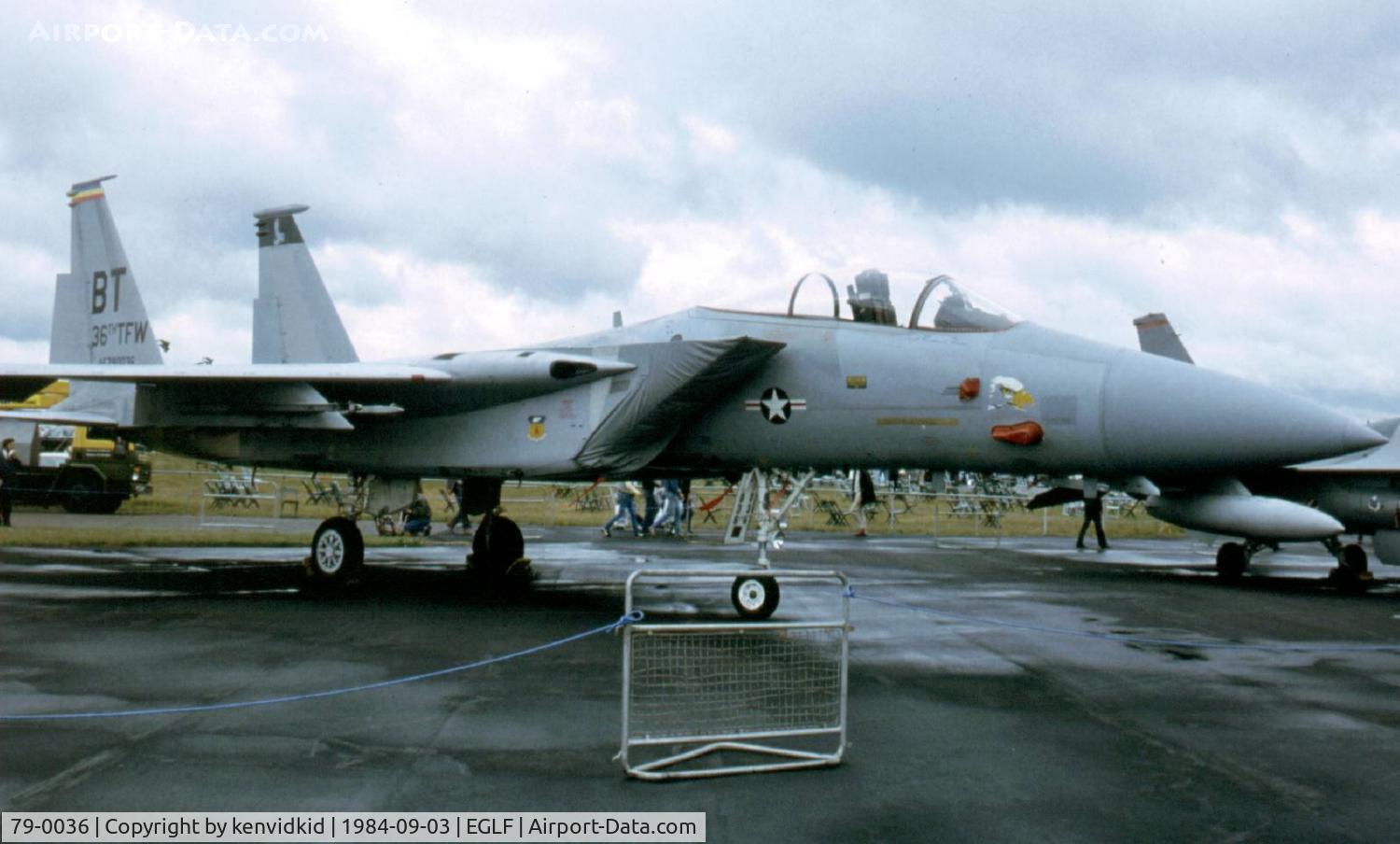 79-0036, 1979 McDonnell Douglas F-15C Eagle C/N 0573/C105, At the 1984 Farnborough International Air Show. Scanned from slide.