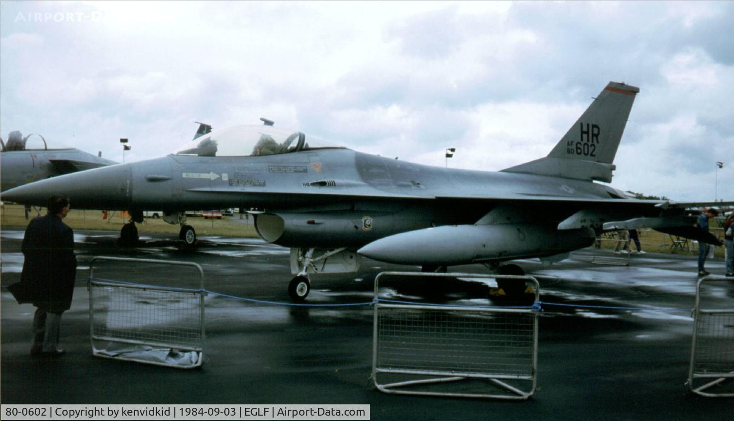 80-0602, 1980 General Dynamics F-16A Fighting Falcon C/N 61-323, At the 1984 Farnborough International Air Show. Scanned from slide.