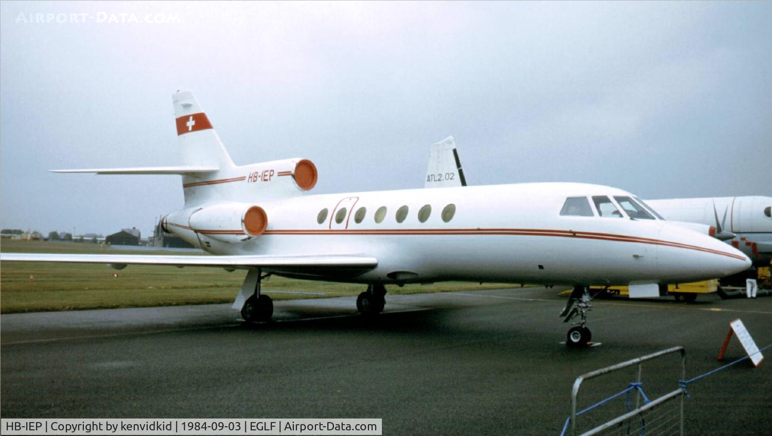 HB-IEP, 1981 Dassault Falcon 50 C/N 067, At the 1984 Farnborough International Air Show. Scanned from slide.