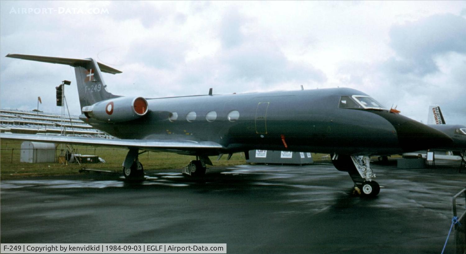 F-249, 1982 Gulfstream Aerospace G-1159A Gulfstream III C/N 249, At the 1984 Farnborough International Air Show. Scanned from slide.