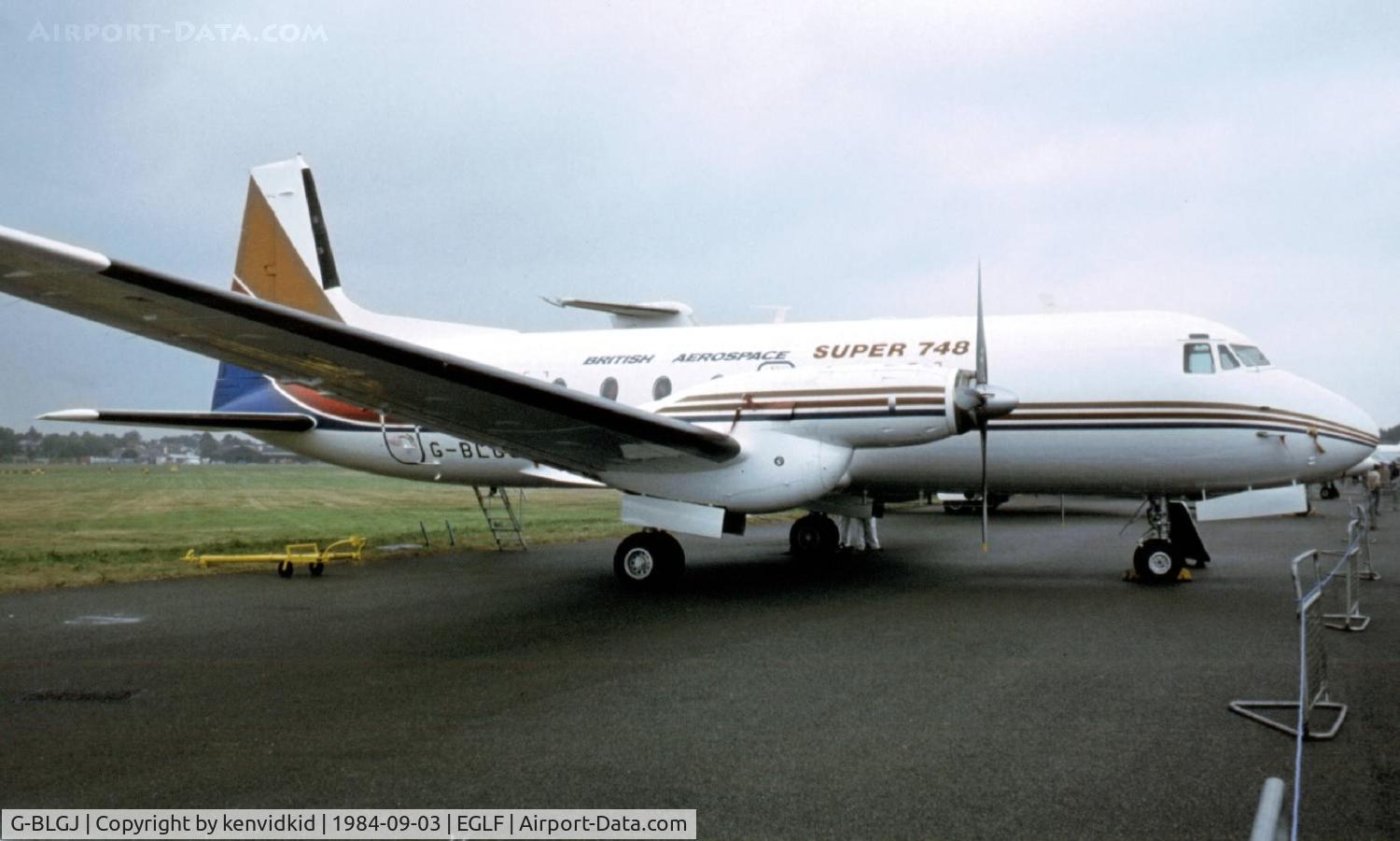 G-BLGJ, 1984 British Aerospace HS.748 Series 2B C/N 1800, At the 1984 Farnborough International Air Show. Scanned from slide.