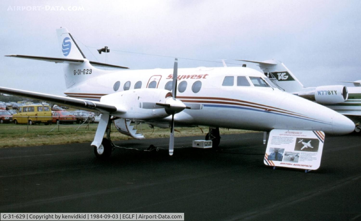 G-31-629, 1984 British Aerospace BAe-3107 Jetstream 31 C/N 629, At the 1984 Farnborough International Air Show. Scanned from slide.