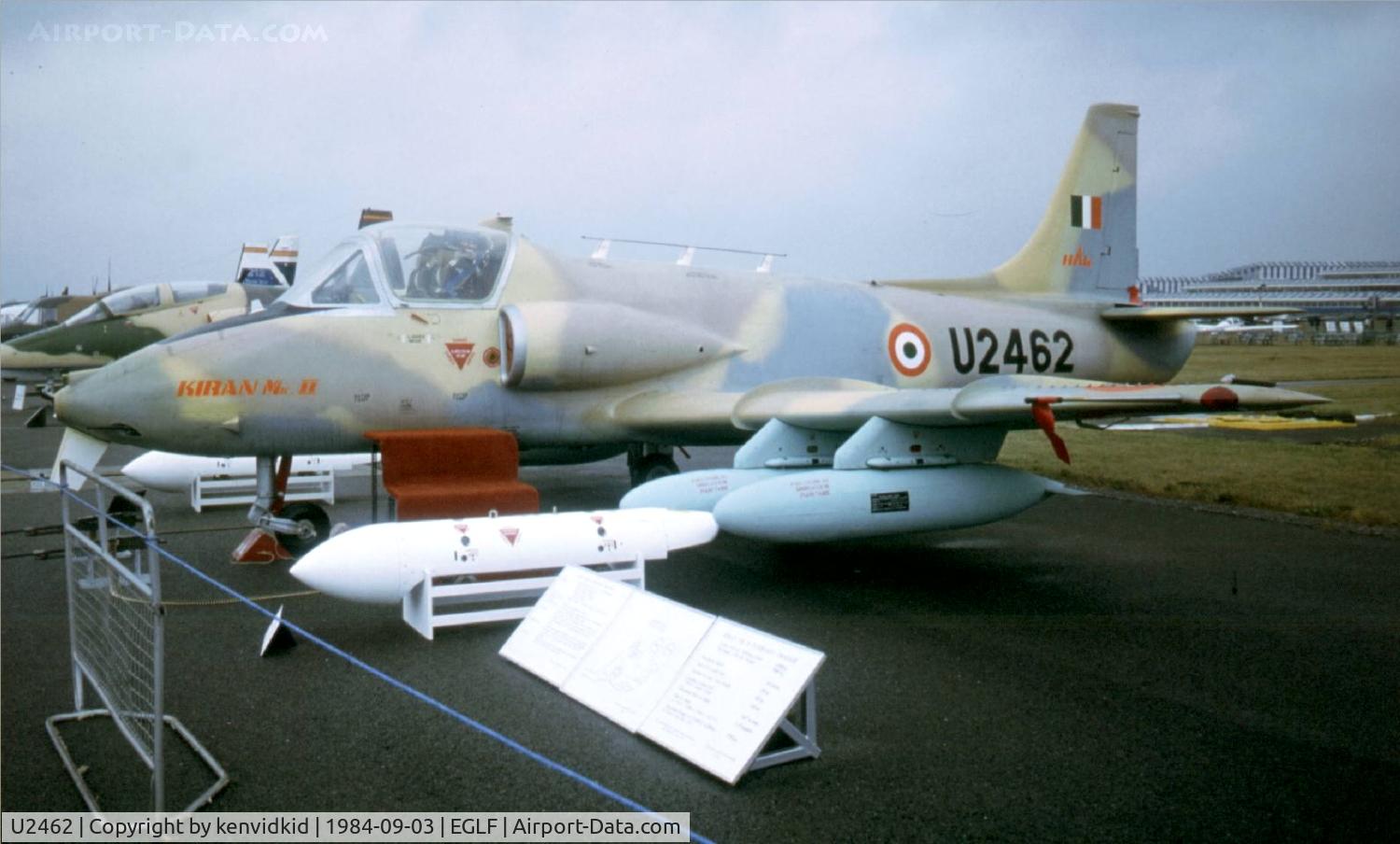 U2462, Hindustan Aeronautics HJT-16 Kiran II C/N Not found U2462, At the 1984 Farnborough International Air Show. Scanned from slide.