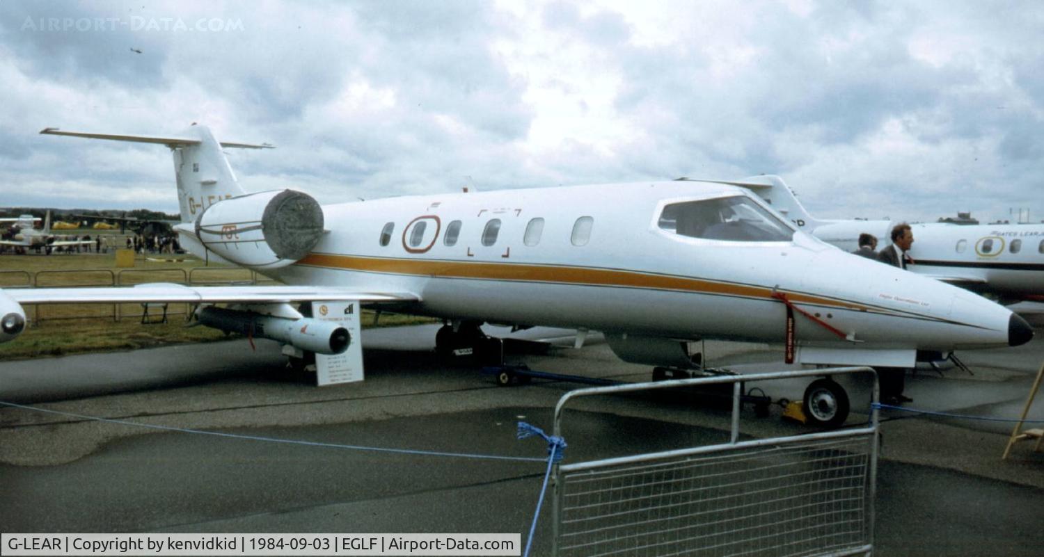 G-LEAR, 1979 Gates Learjet 35A C/N 35A-265, At the 1984 Farnborough International Air Show. Scanned from slide.