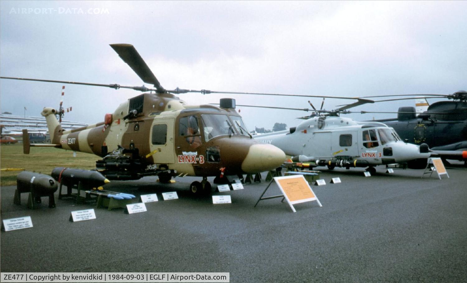 ZE477, 1984 Westland Lynx HAS.3 C/N 310/001P, At the 1984 Farnborough International Air Show. Scanned from slide.