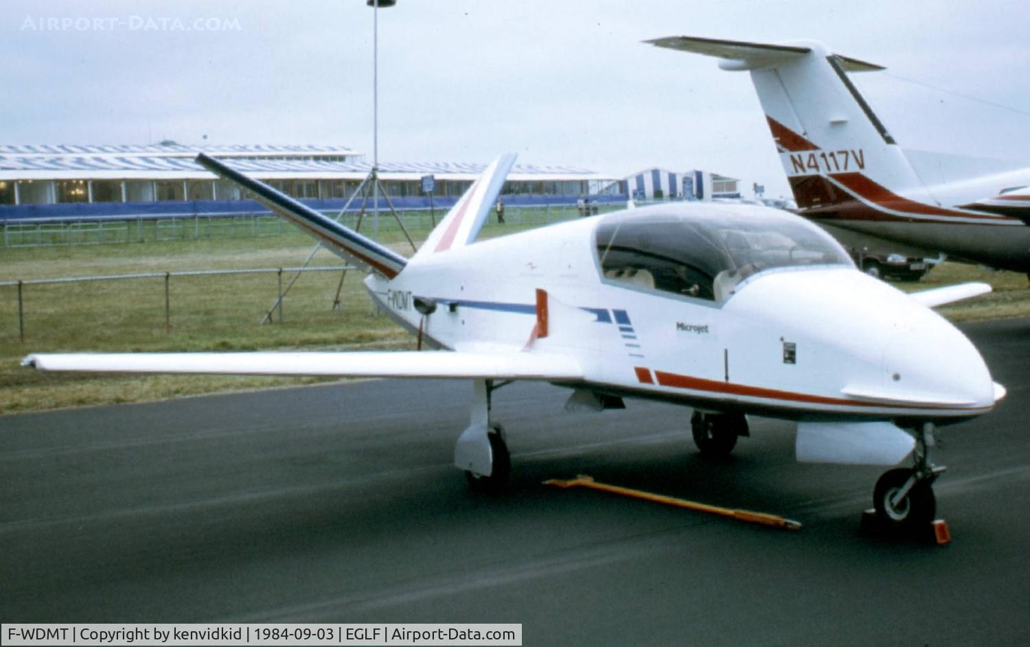 F-WDMT, 1983 Microturbo Microjet 200B C/N 01, At the 1984 Farnborough International Air Show. Scanned from slide.