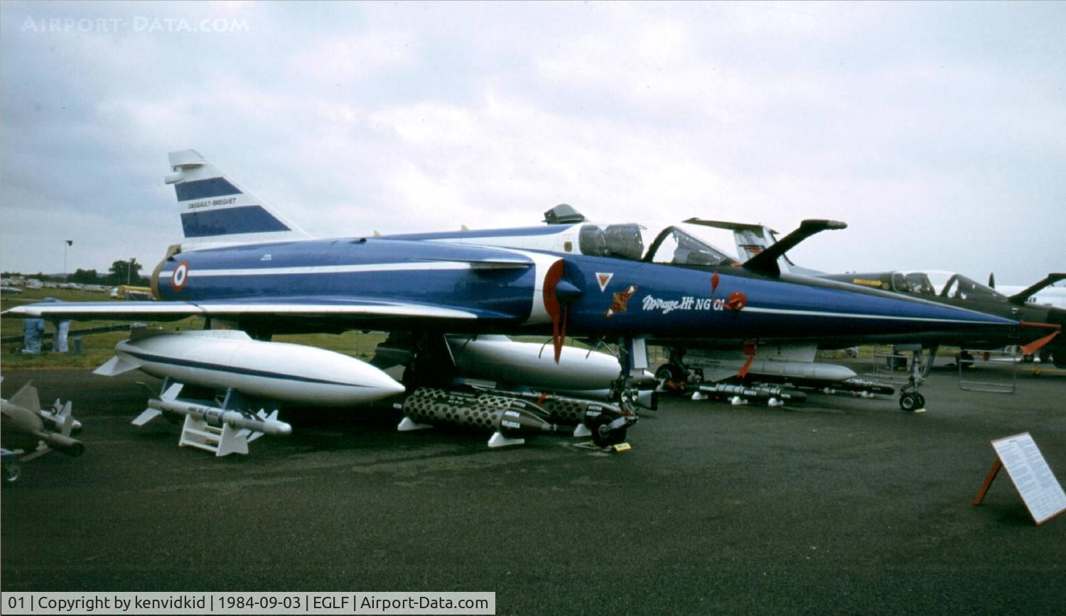 01, Dassault Mirage III NG C/N 01, At the 1984 Farnborough International Air Show. Scanned from slide.