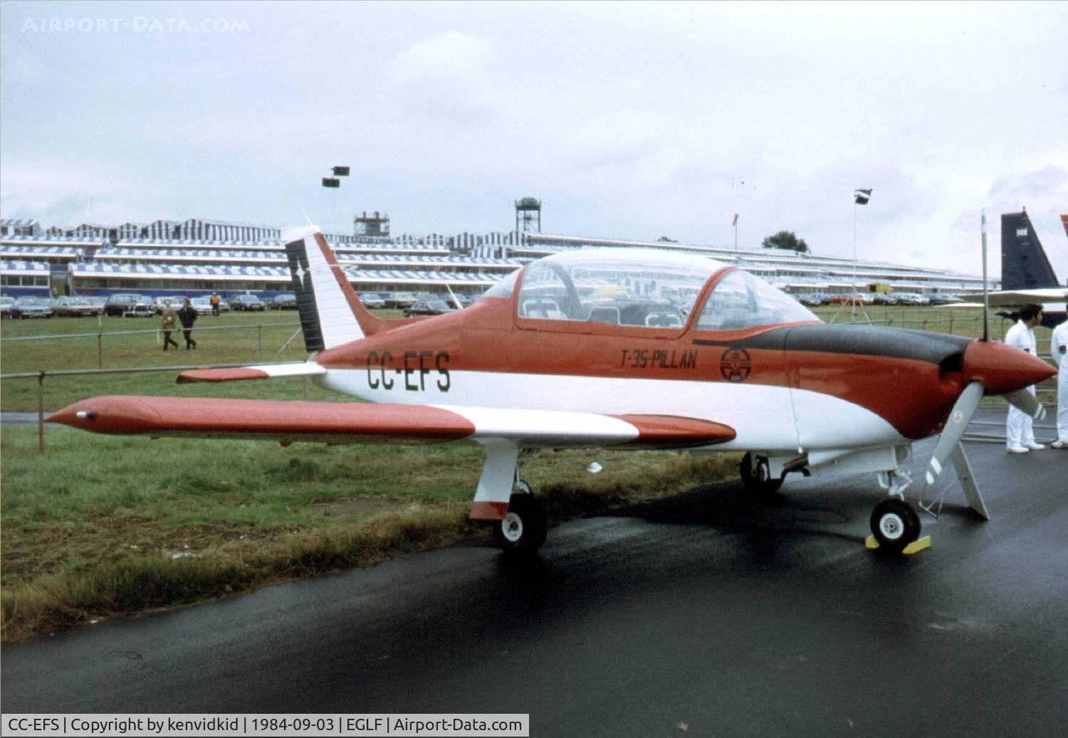 CC-EFS, Enaer T-35 Pillán C/N 104, At the 1984 Farnborough International Air Show. Scanned from slide.