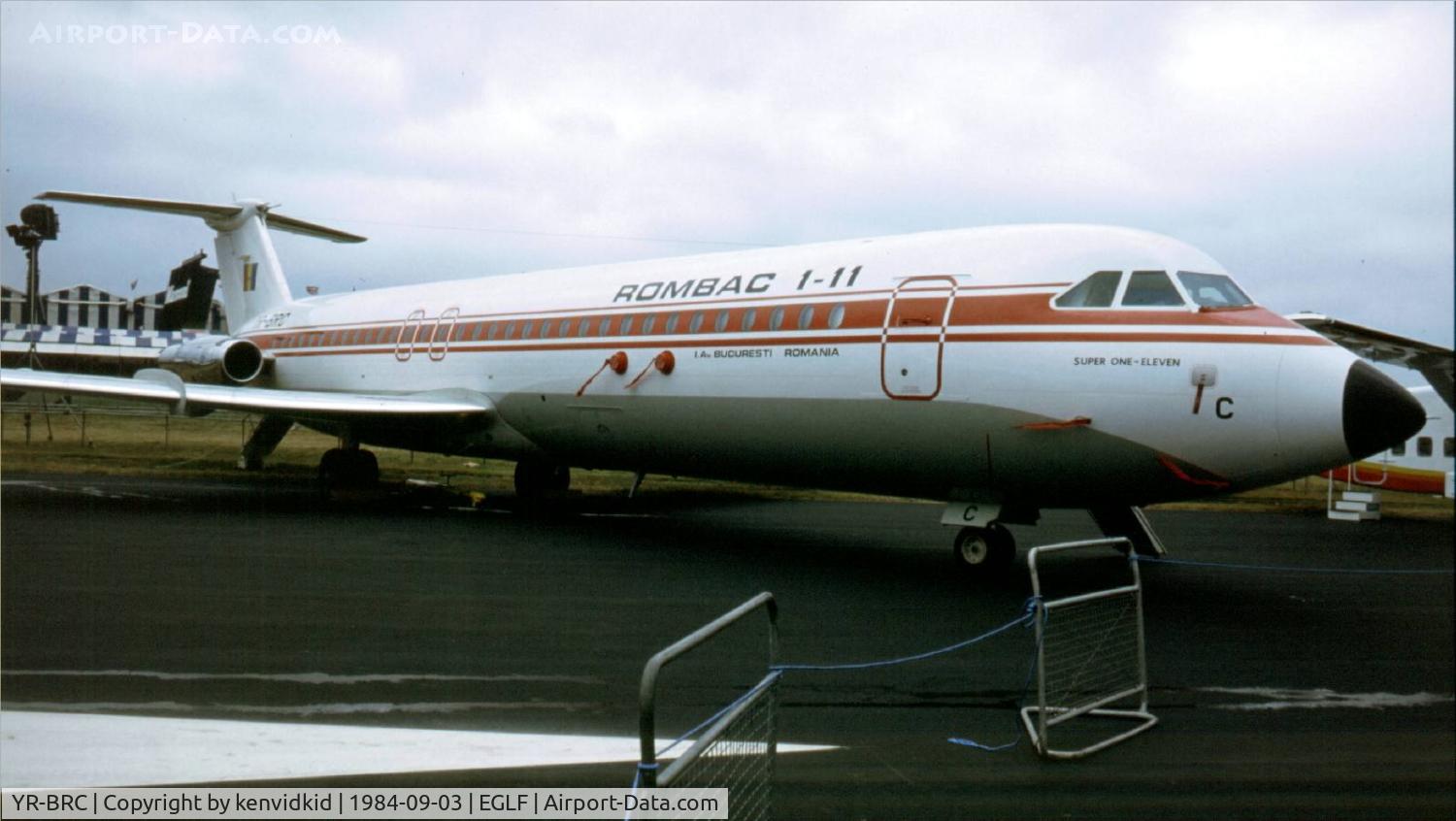 YR-BRC, 1982 Bucuresti Rombac 1-11-561RC One-Eleven C/N 403, At the 1984 Farnborough International Air Show. Scanned from slide.