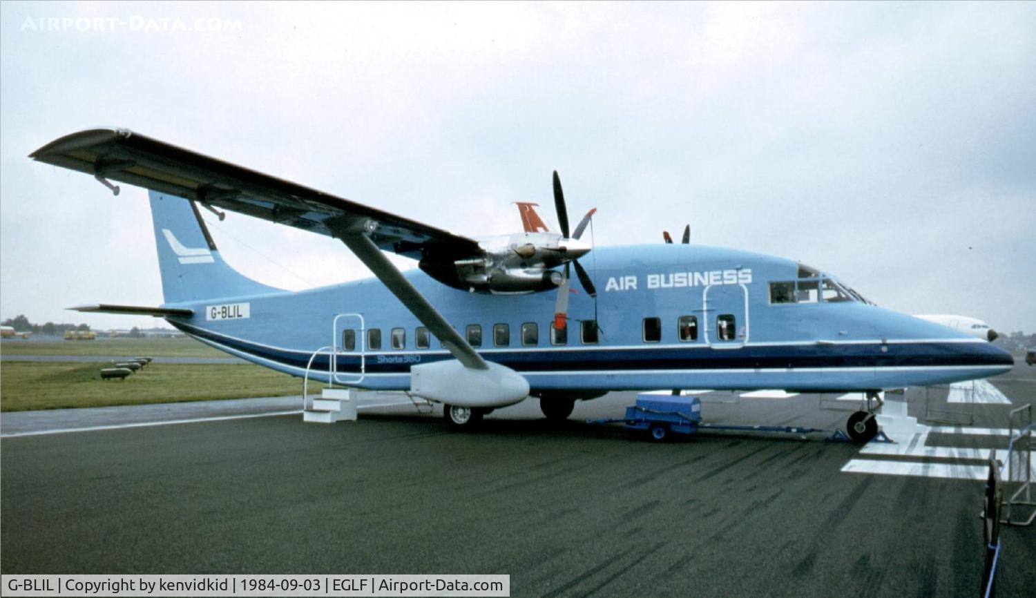 G-BLIL, 1984 Short 360-100 C/N SH.3648, At the 1984 Farnborough International Air Show. Scanned from slide.