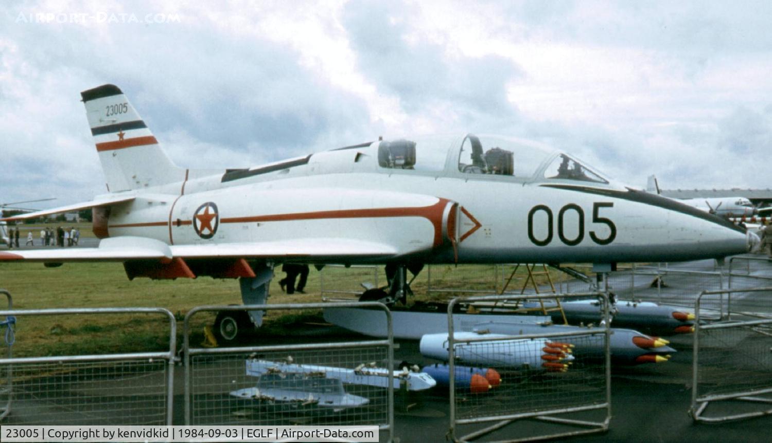 23005, Soko G-4 Super Galeb C/N 005, At the 1984 Farnborough International Air Show. Scanned from slide.