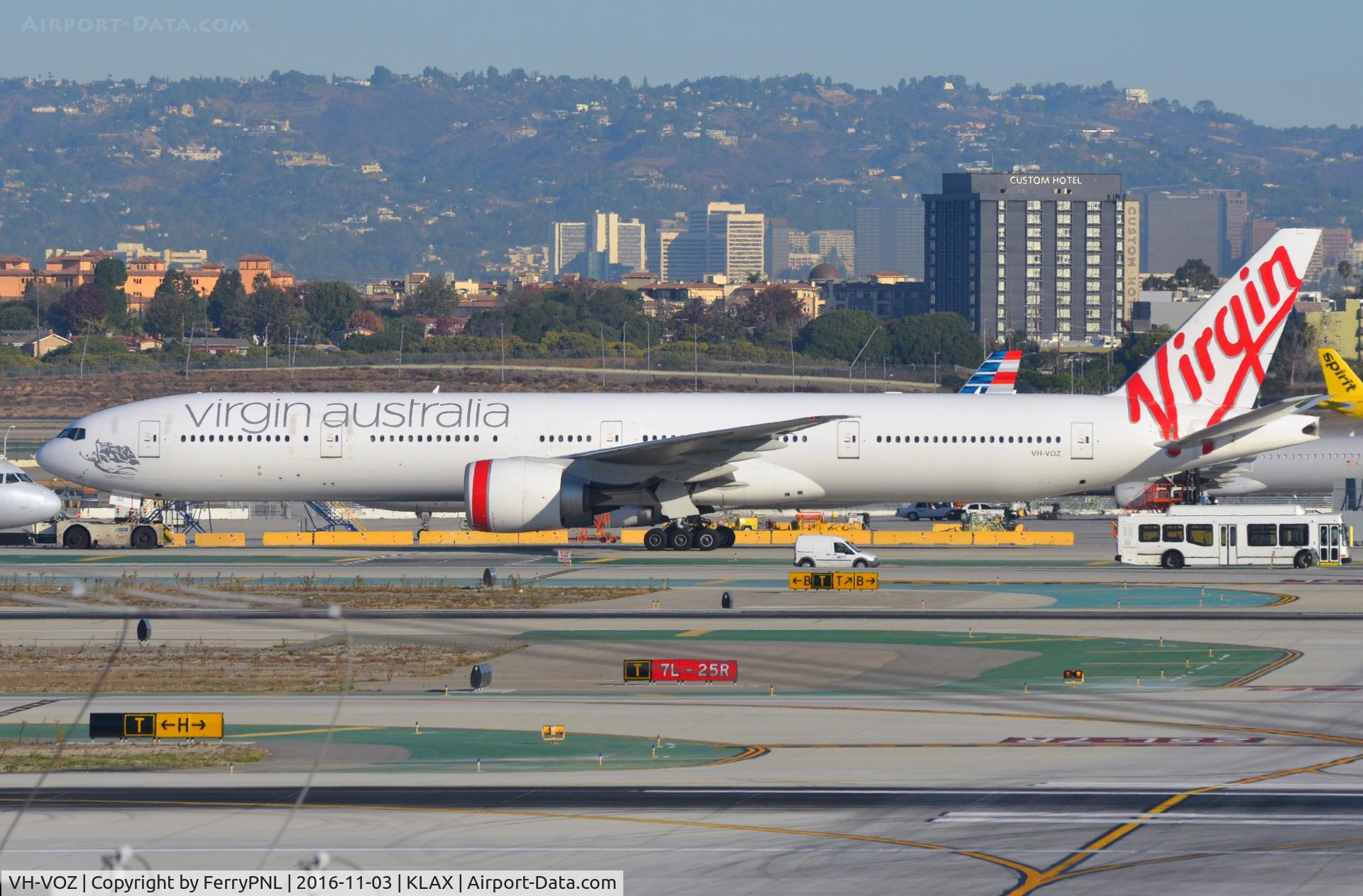 VH-VOZ, 2008 Boeing 777-3ZG/ER C/N 35302, Virgin Australia unter tow.