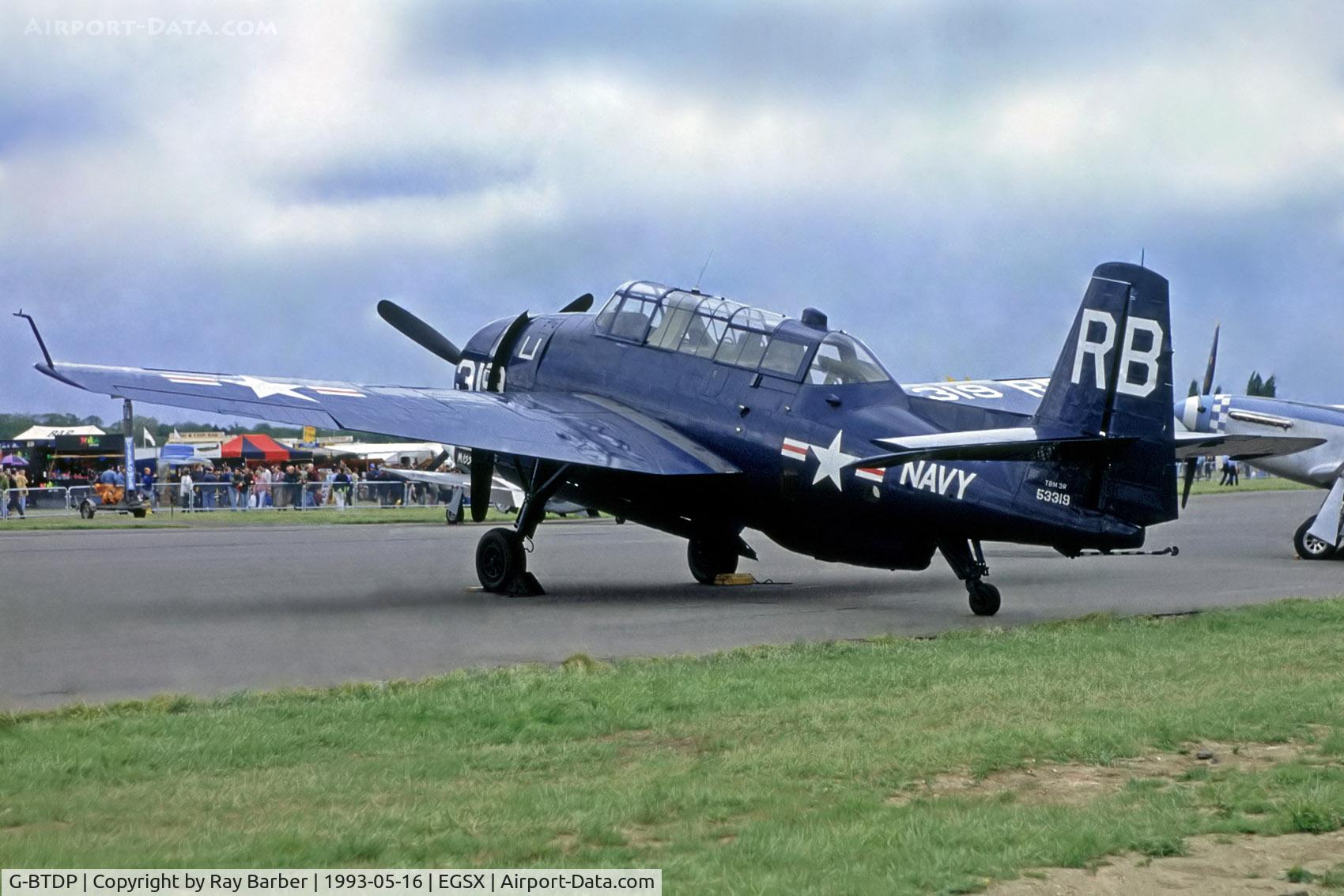 G-BTDP, 1945 Grumman TBM-3R Avenger C/N 3381, Grumman TBM-3E Avenger [3381] North Weald 16/05/1993. From a slide.