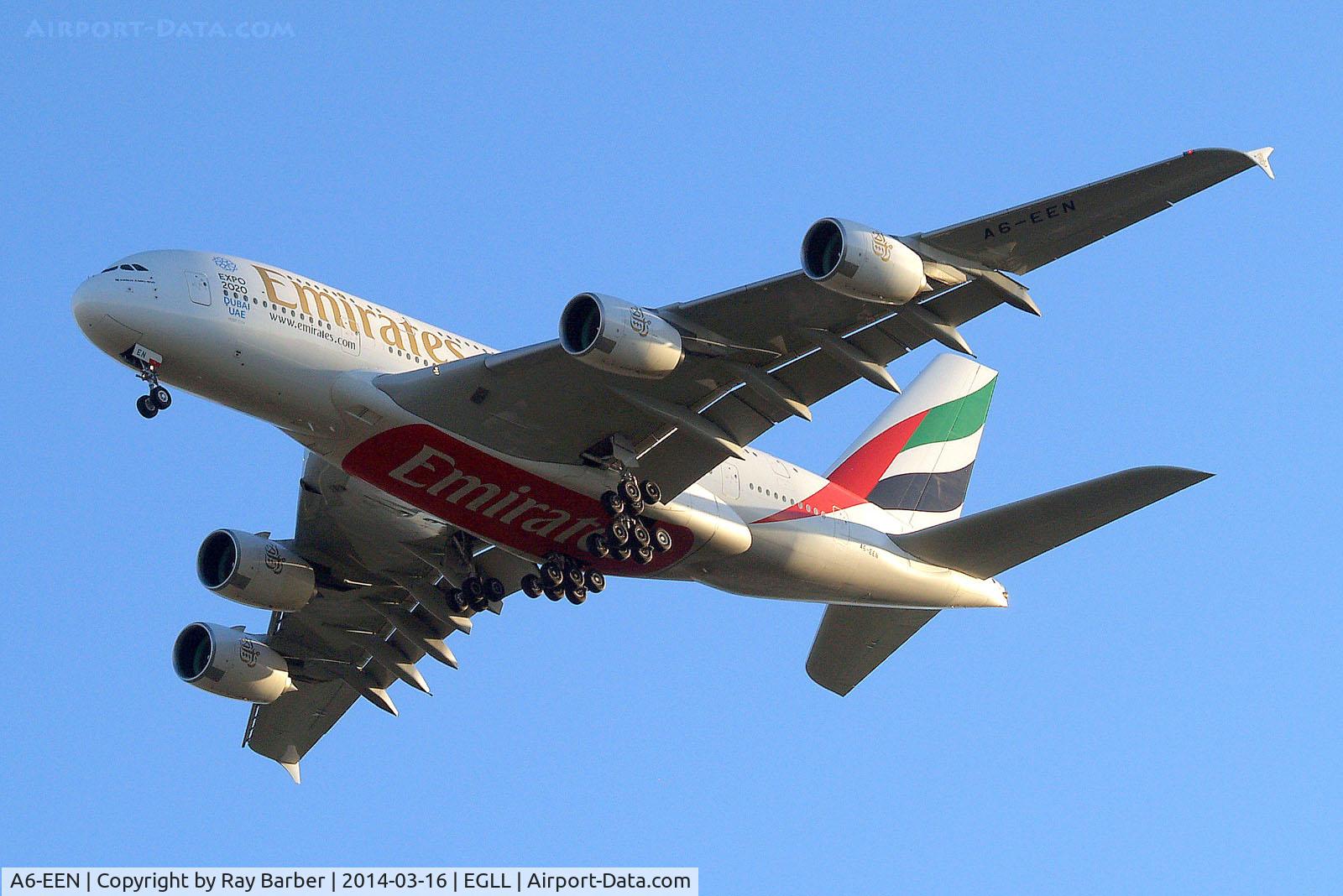 A6-EEN, 2013 Airbus A380-861 C/N 135, Airbus A380-861 [135] (Emirates Airlines) Home~G 16/03/2014. On approach 27R.