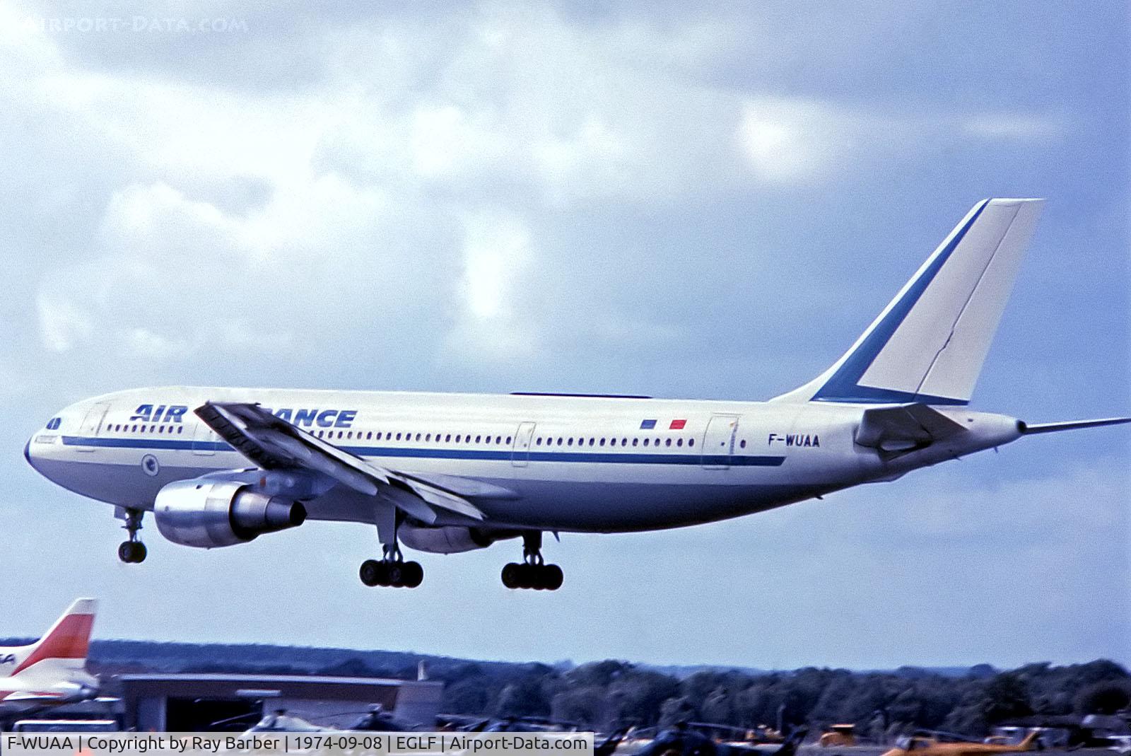 F-WUAA, 1973 Airbus A300B2-1C C/N 4, Airbus A300-B2/1C [004] (Airbus Industrie/Air France) Farnborough~G 08/09/1974. From a slide.