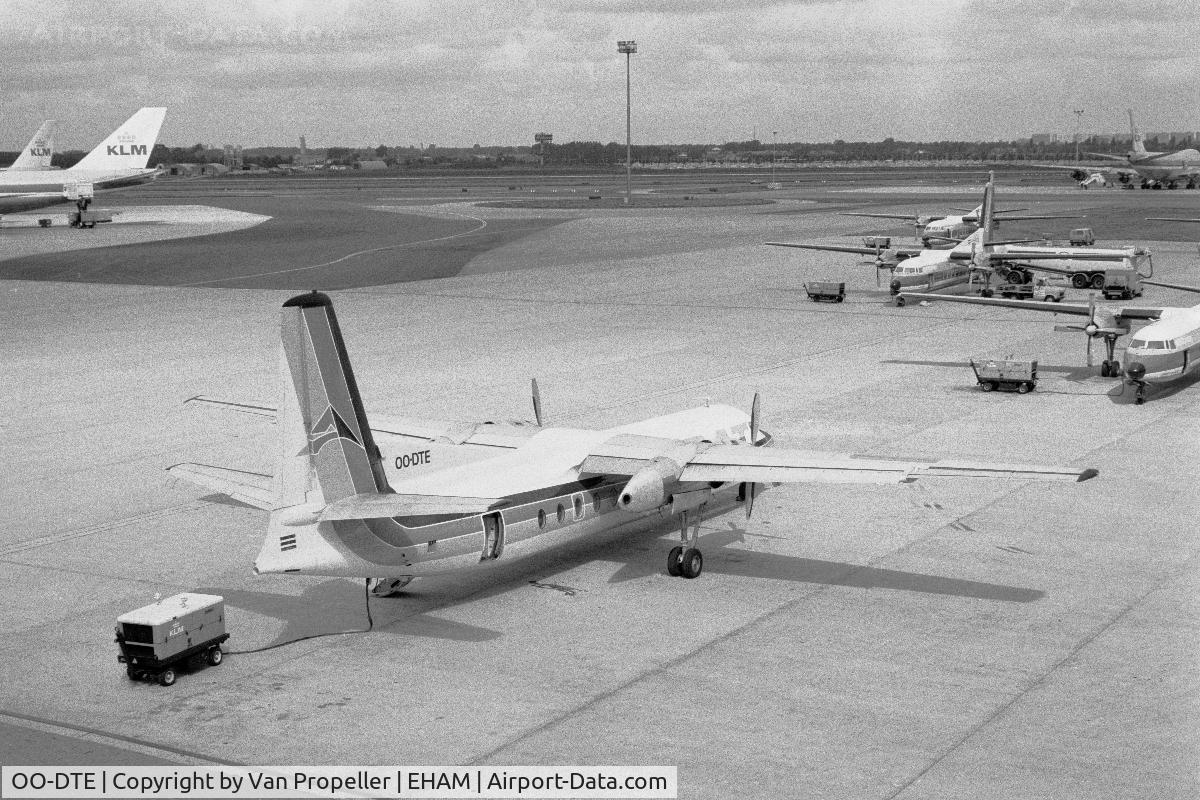OO-DTE, 1967 Fairchild Hiller FH-227B C/N 534, Fairchild Hiller FH-227B Friendship of Delta Air Transport of Belgium on the platform at Schiphol airport, the Netherlands, 1980