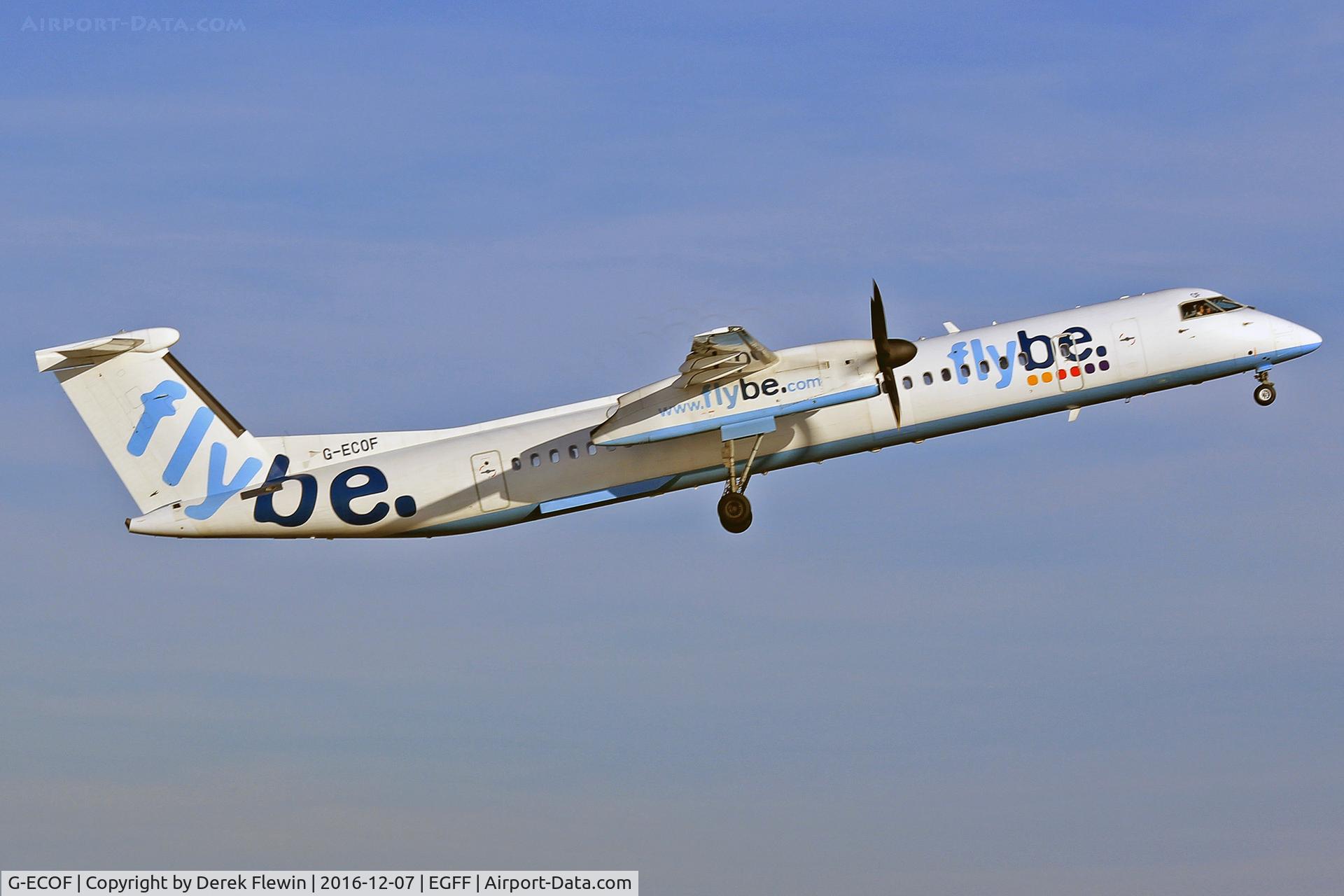 G-ECOF, 2008 De Havilland Canada DHC-8-402Q Dash 8 C/N 4216, Dash 8, Flybe, callsign Jersey 027T. Previously C-FRJU, G-ECOF, LN-WDW, out of Southampton on trg ex, landed for crew changefollowing circuits, seen departing runway 12 en-route to Southampton.