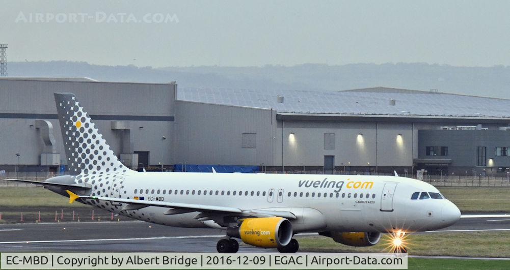 EC-MBD, 2008 Airbus A320-214 C/N 3444, Vueling Airbus A320 (EC-MBD) arriving at Belfast City with a rugby charter from Clermont-Ferrand.
