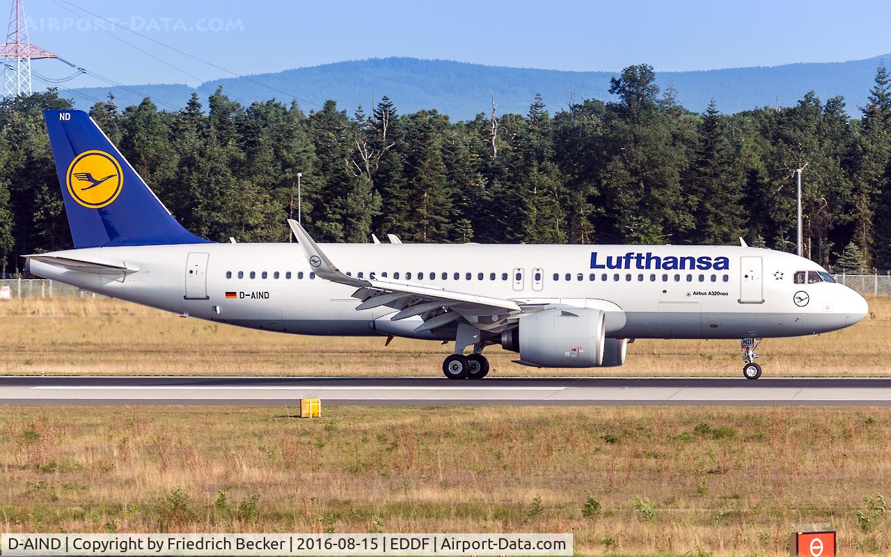 D-AIND, 2016 Airbus A320-271NEO C/N 7078, decelerating after touchdown on runway 07L