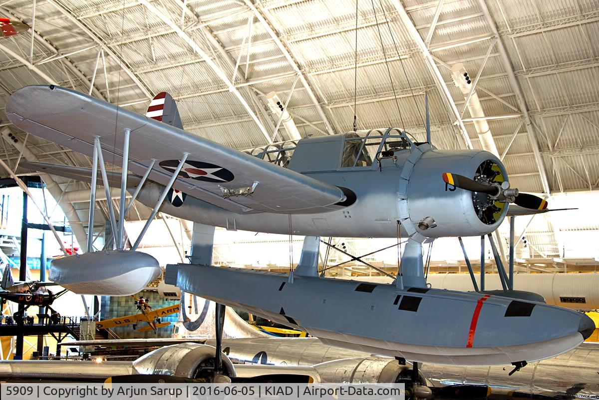 5909, 1942 Vought OS2U-3 Kingfisher C/N 2400, This Kingfisher was a veteran of the Pacific War, having served aboard USS Indiana (BB-58) and from New Caledonia. Lt. j.g. Rollin M. Batten, Jr. flying this Kingfisher was awarded a Navy Cross for rescuing two airmen shot down near Guam on July 4, 1944.