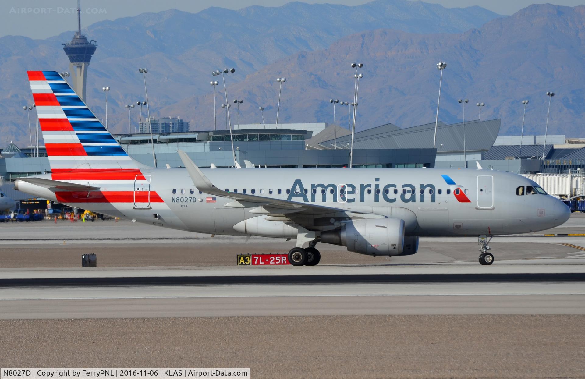 N8027D, 2015 Airbus A319-115 C/N 6437, American A319 taxying to its gate after arrival.