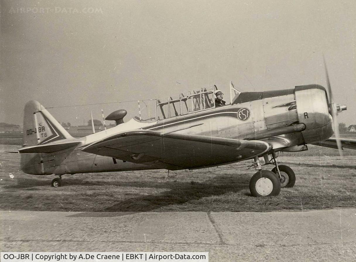 OO-JBR, North American AT-6F Texan C/N 121-42513, At Wevelgem in 1965-1966. This is one of several T-6's named Skytypers. All aircraft were former Air France Training School. They performed skytyping by using five T-6's.