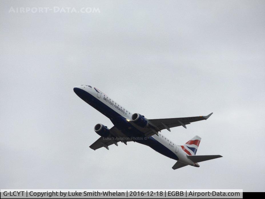 G-LCYT, 2014 Embraer 190SR (ERJ-190-100SR) C/N 19000670, Departing Birmingham Airport after being diverted into BHX/EGBB on Saturday night.