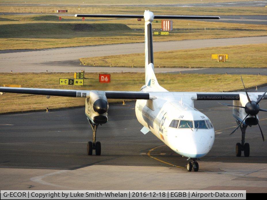 G-ECOR, 2009 De Havilland Canada DHC-8-402Q Dash 8 C/N 4248, From Birmingham Airport on Sunday. I tried to get prop blur on the left prop