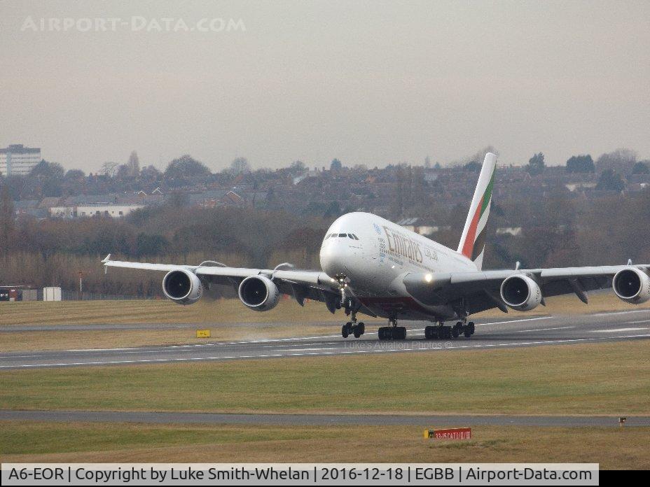 A6-EOR, 2015 Airbus A380-861 C/N 202, Departing Birmingham Airport on Sunday.