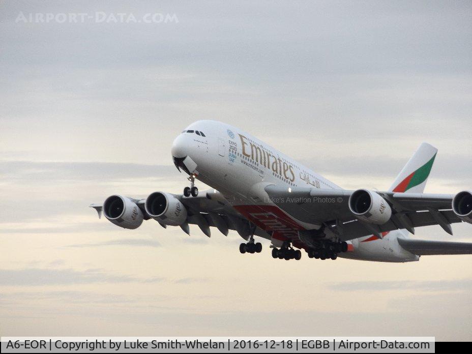 A6-EOR, 2015 Airbus A380-861 C/N 202, Departing Birmingham Airport on Sunday.