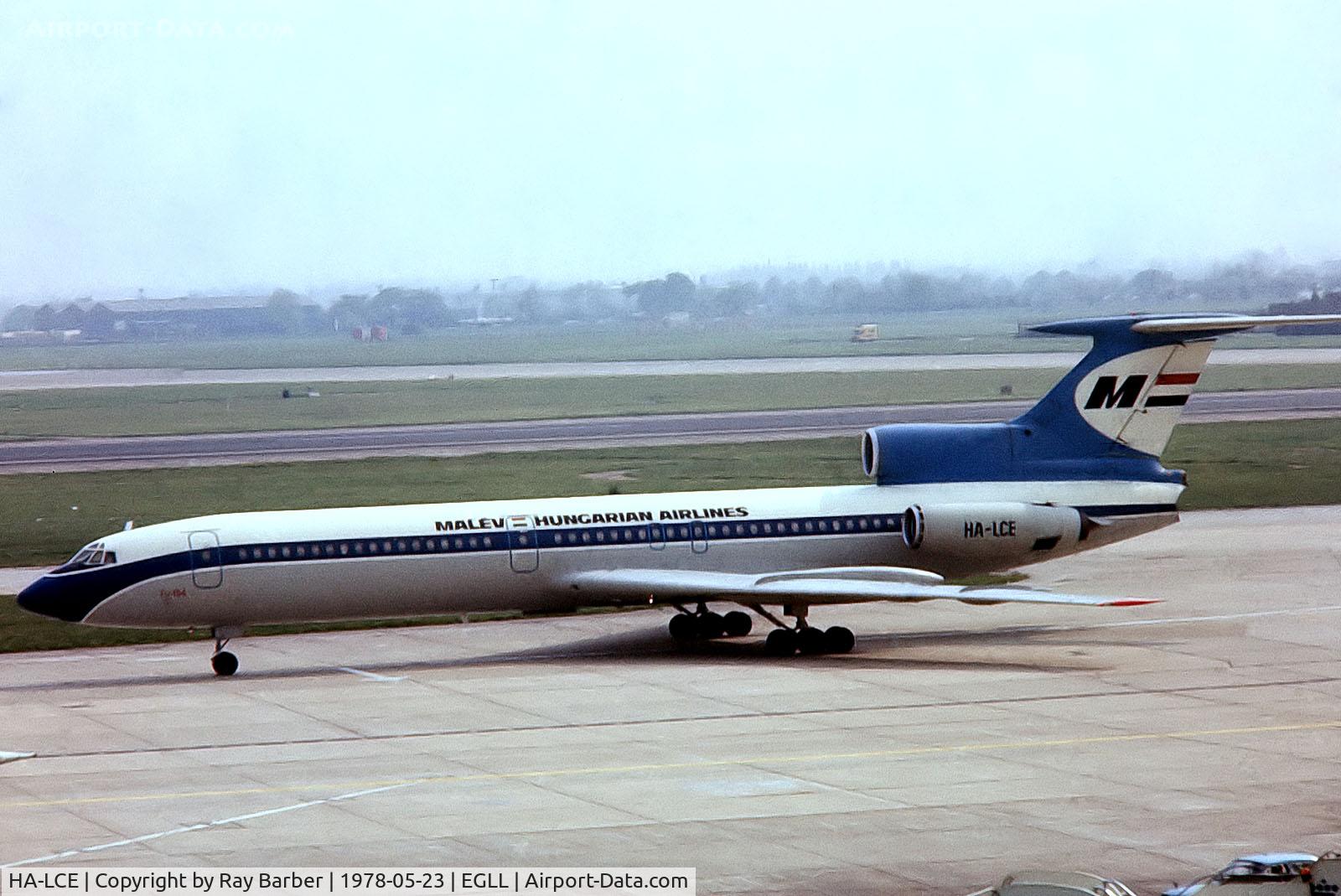 HA-LCE, 1973 Tupolev Tu-154B-2 C/N 73A047, Tupolev Tu-154B-2 [73A-047] (Malev-Hungarian Airlines) Heathrow~G 23/05/1978. From a slide.