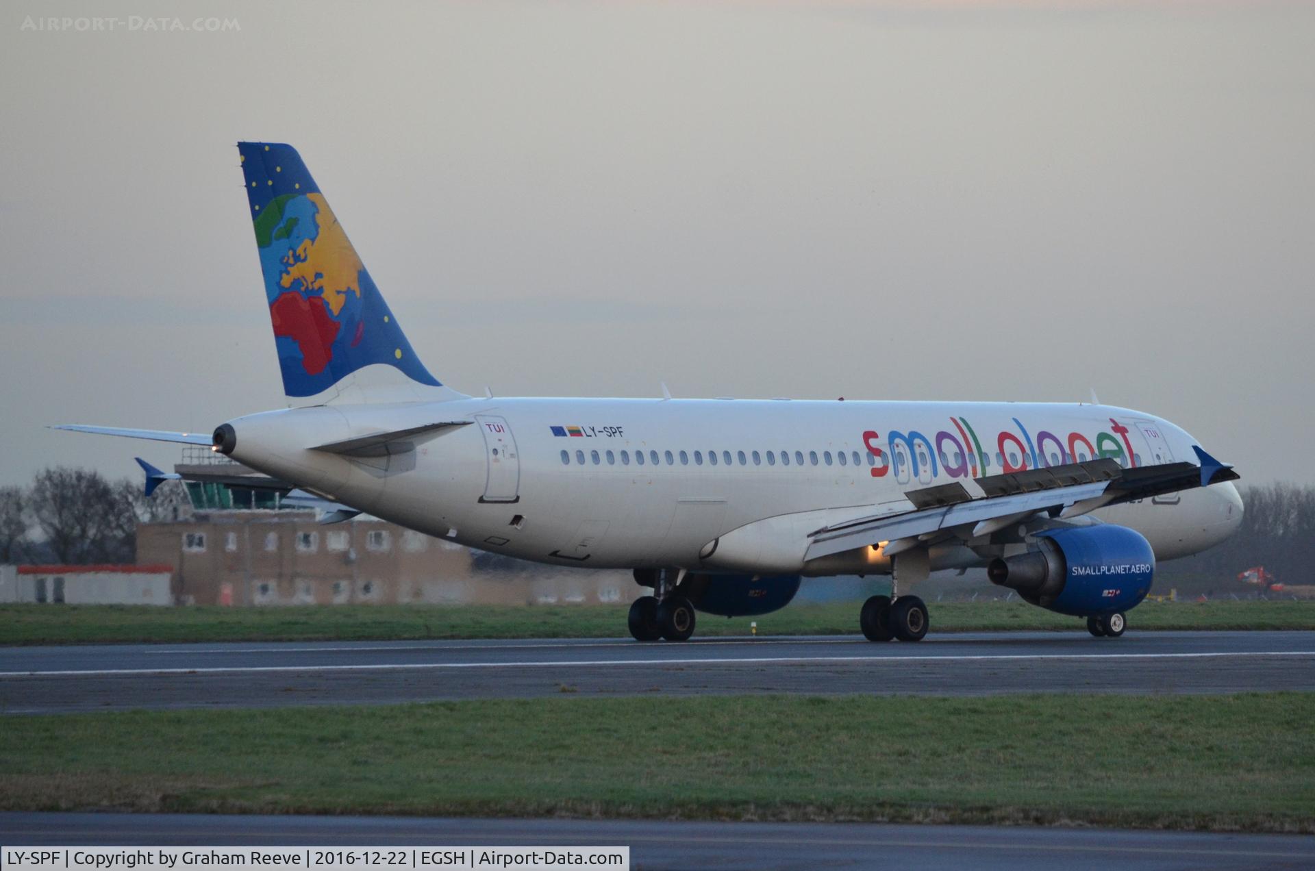 LY-SPF, 1999 Airbus A320-214 C/N 967, Just landed at Norwich.