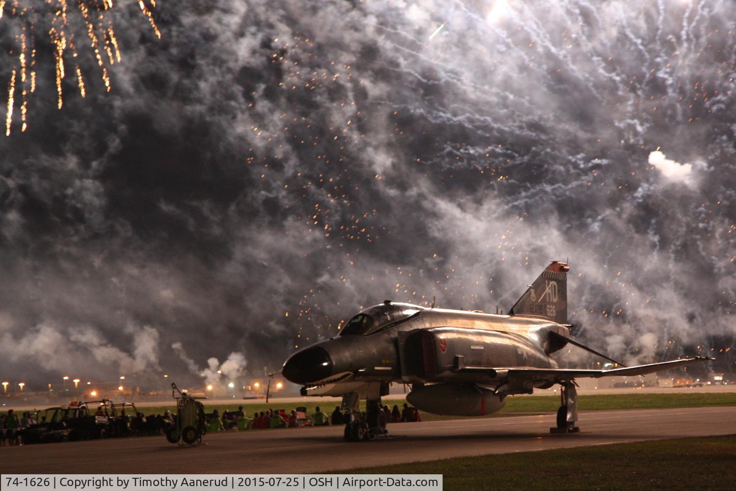 74-1626, McDonnell Douglas QF-4E Phantom II C/N 4856, One of two F4's still active in the US Air Force 74-1626, during the fireworks on Saturday at  #OSH15.  Converted to QF-4E drone AF309.  Expended Jul 8, 2016 in test of Raytheon Patriot integrated air and missile defense system.