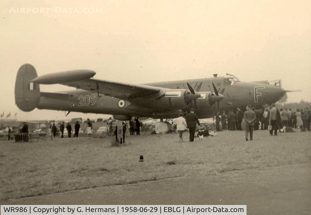 WR986, 1958 Avro 716 Shackleton MR.3 C/N not found WR986, WR986 of RAF 206 sqn.  Int. Meeting des Nations at Liège / Bierset in 1958. The aircraft was broken up at Safi / Malta in 1971.