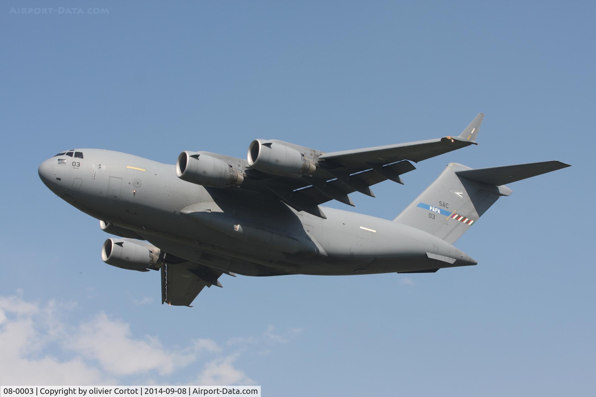 08-0003, 2009 Boeing C-17A Globemaster III C/N F-211/SAC-3, leaving payerne