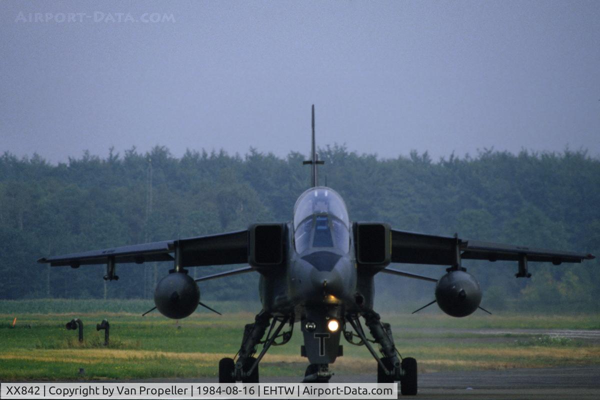 XX842, 1975 Sepecat Jaguar T.2A C/N B.30, Royal Air Force 41 sqn Jaguar T.2 taxiing at Twente air base, the Netherlands, 1984