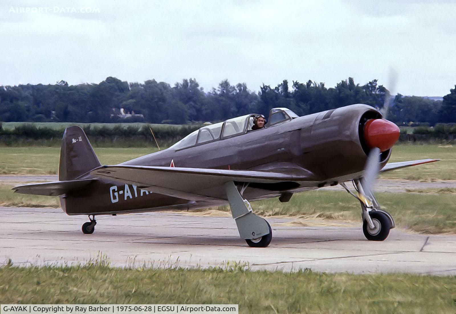 G-AYAK, 1956 Let C-11 (Yak-11) C/N 172701, Yakovlev Yak-C11 [172701] Duxford~G 28/06/1975. From a slide.