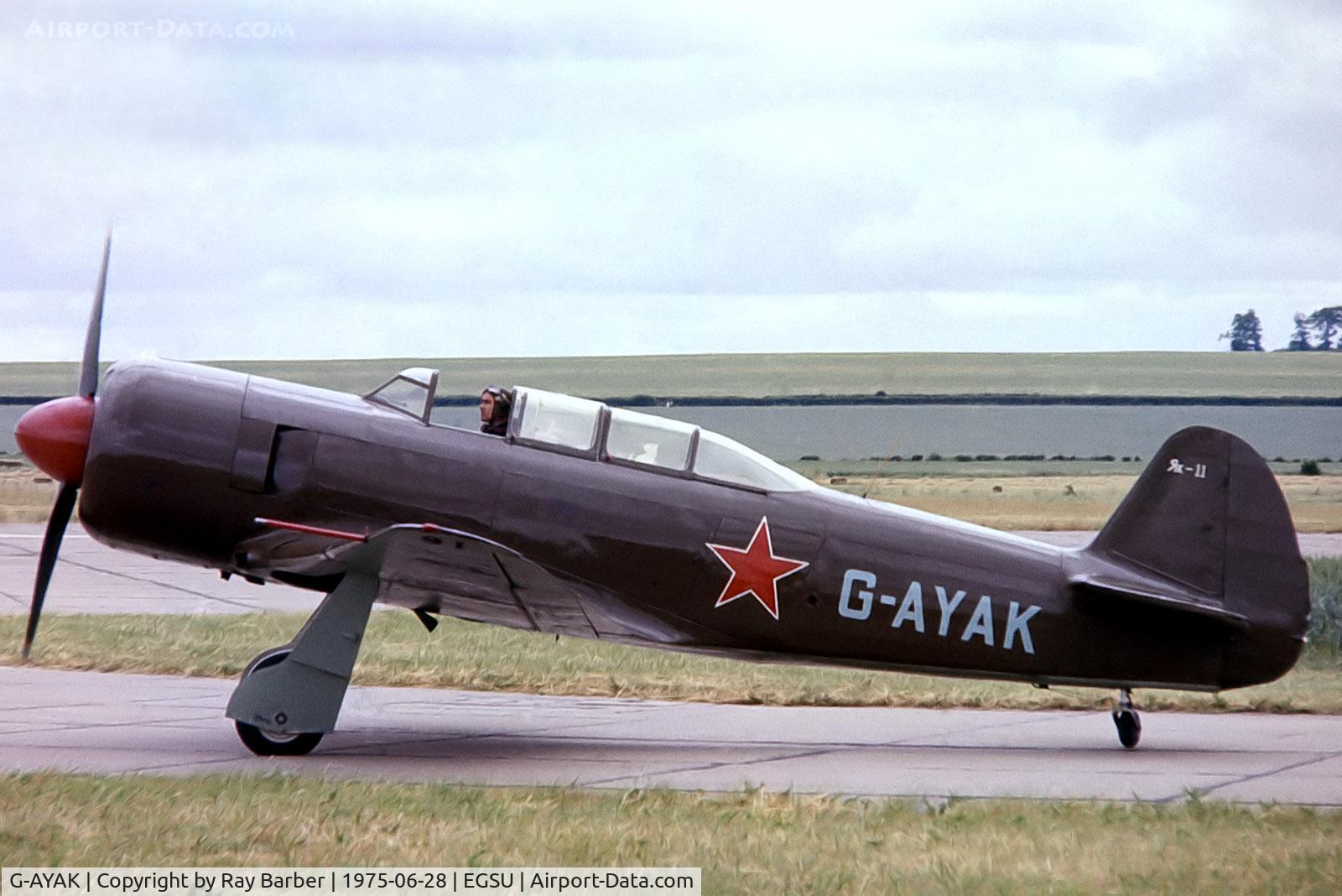 G-AYAK, 1956 Let C-11 (Yak-11) C/N 172701, Yakovlev Yak-C11 [172701] Duxford~G 28/06/1975. From a slide.