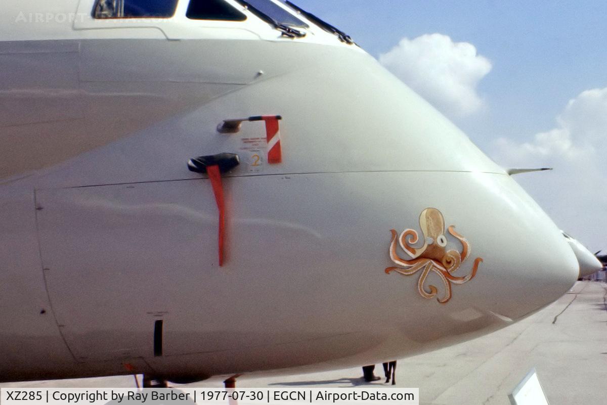 XZ285, Hawker Siddeley Nimrod MR.1 C/N 8047, XZ285   Hawker-Siddeley Nimrod MR.1 [8047] (Royal Air Force) RAF Finningley~G 30/07/1977. From a slide. Showing nose art work.