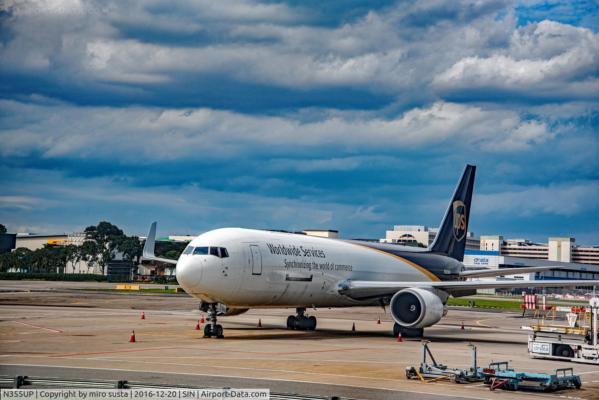 N355UP, 2013 Boeing 767-34AF C/N 37863, UPS Airlines Boeing 767-34 AF (ER) Cargo Airplane docked at Singapore Changi Airport.