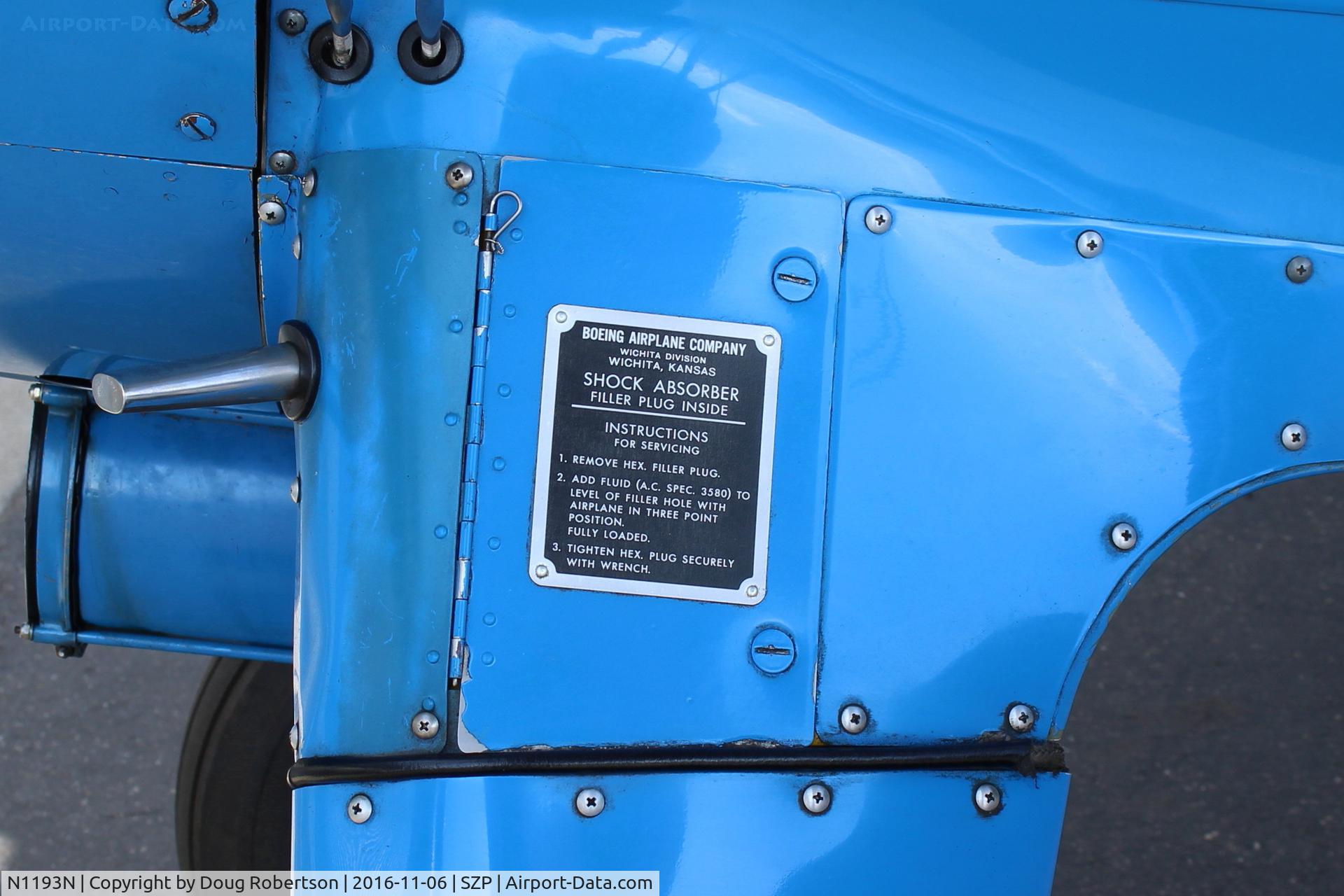N1193N, 1941 Boeing E75 C/N 75-1218, 1941 Boeing Stearman E75, P&W R-985 Wasp Jr. 450 Hp upgrade from original Lycoming R-680-17, landing gear hydraulics data plate info