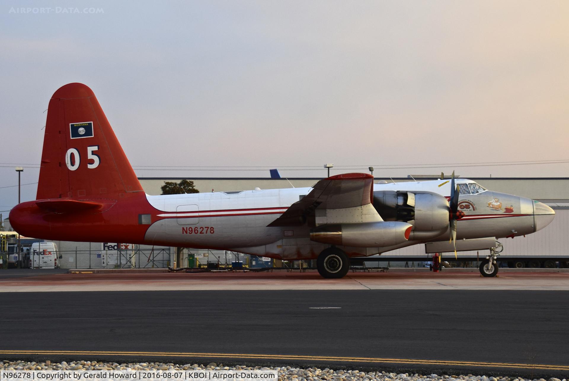 N96278, Lockheed P2V-5F Neptune C/N 426-5340, Tanker 5 parked on the east end of NIFC ramp at dawn.