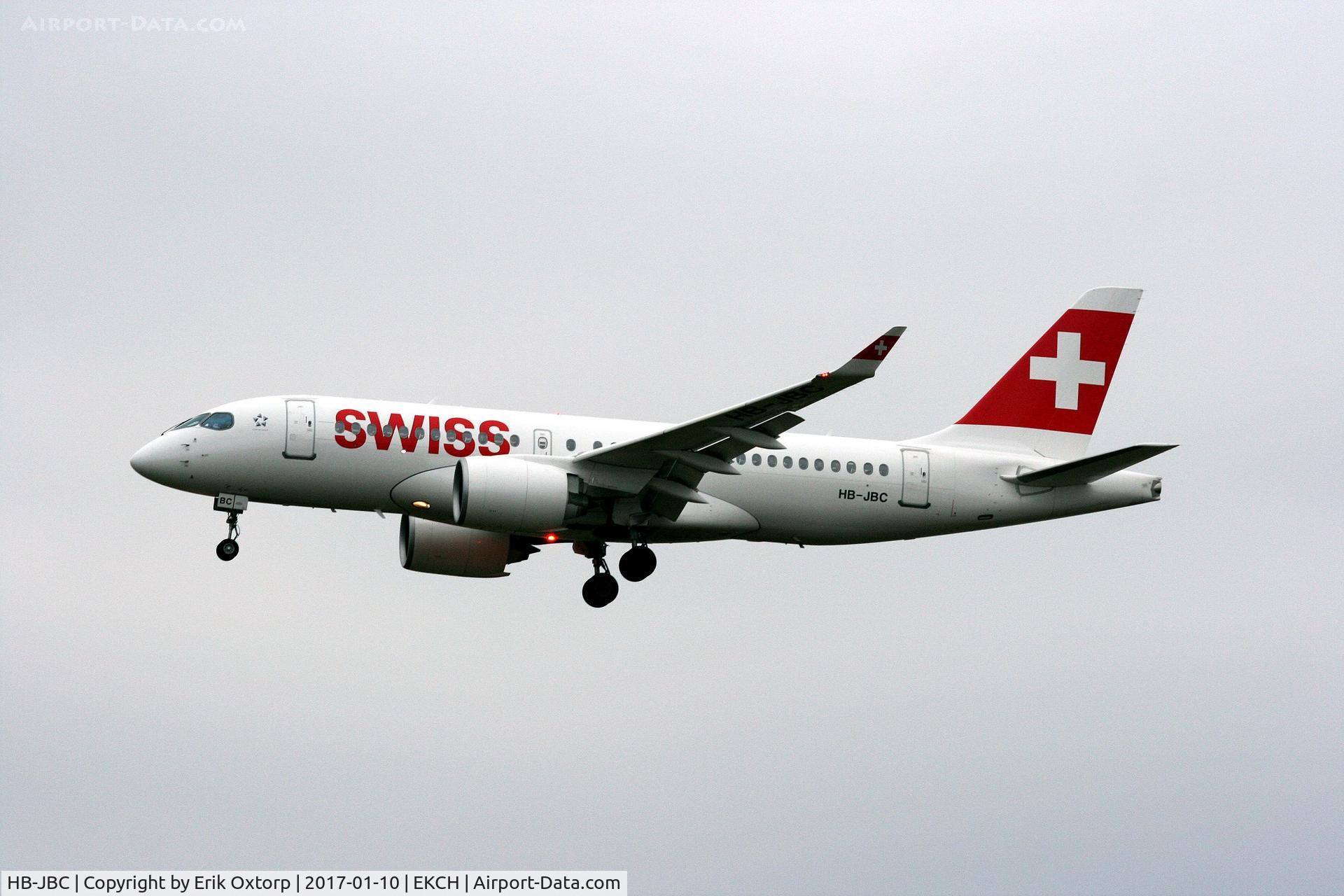 HB-JBC, 2016 Bombardier CSeries CS100 (BD-500-1A10) C/N 50012, HB-JBC landing rw 22L. This is the first visit in CPH of a Cseries.