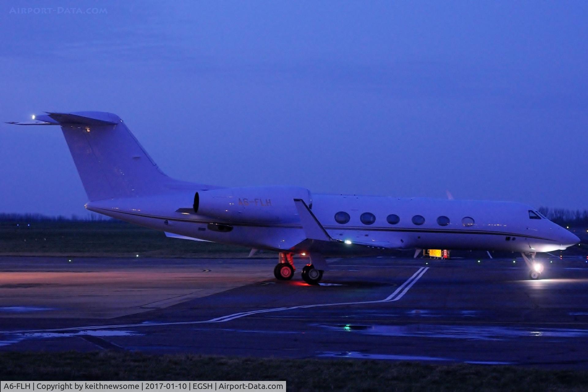 A6-FLH, 2009 Gulfstream Aerospace GIV-X (G450) C/N 4155, Leaving Norwich at dusk.
